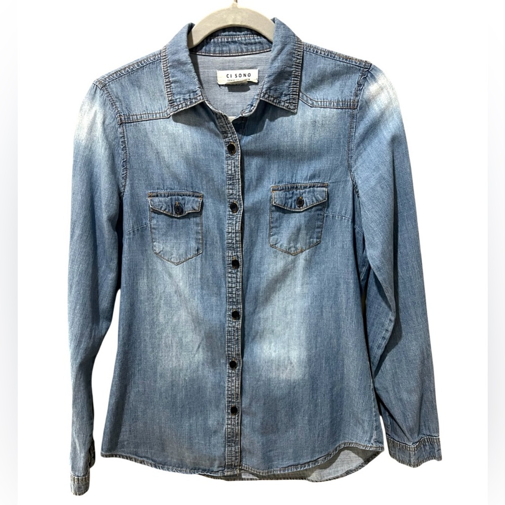 Ci Sono Denim button Up Shirt Medium Blue Wash Long Sleeve Size S EUC